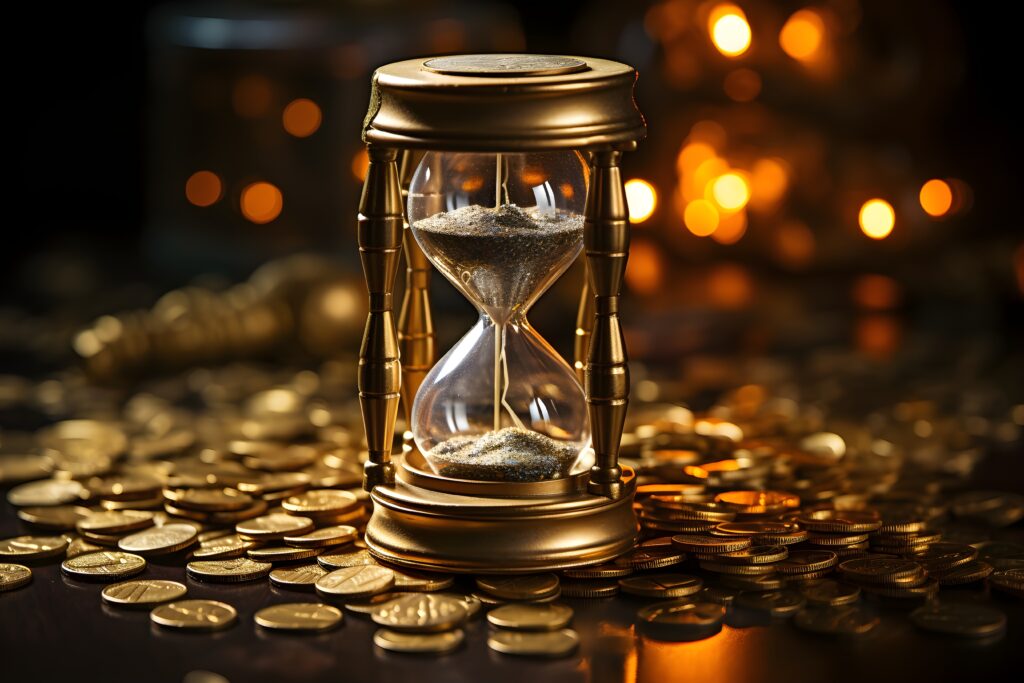 tepuedoayudar: inversión a largo plazo muestra un reloj de arena donde hace regencia al largo plazo y monedas sobre la mesa que refleja la inversión